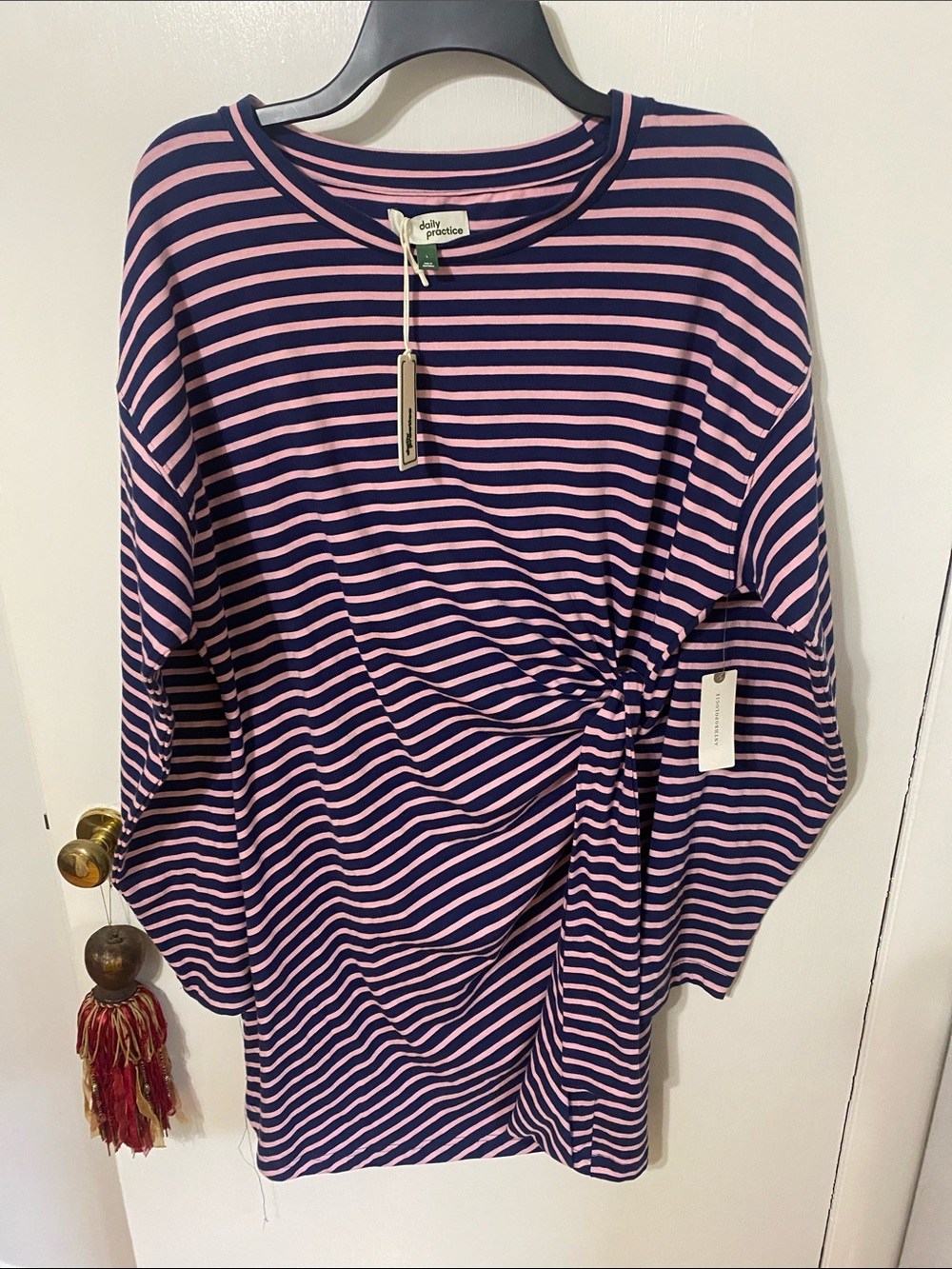 Daily Practice Pink & Navy Striped Knot-Front Women's Dress